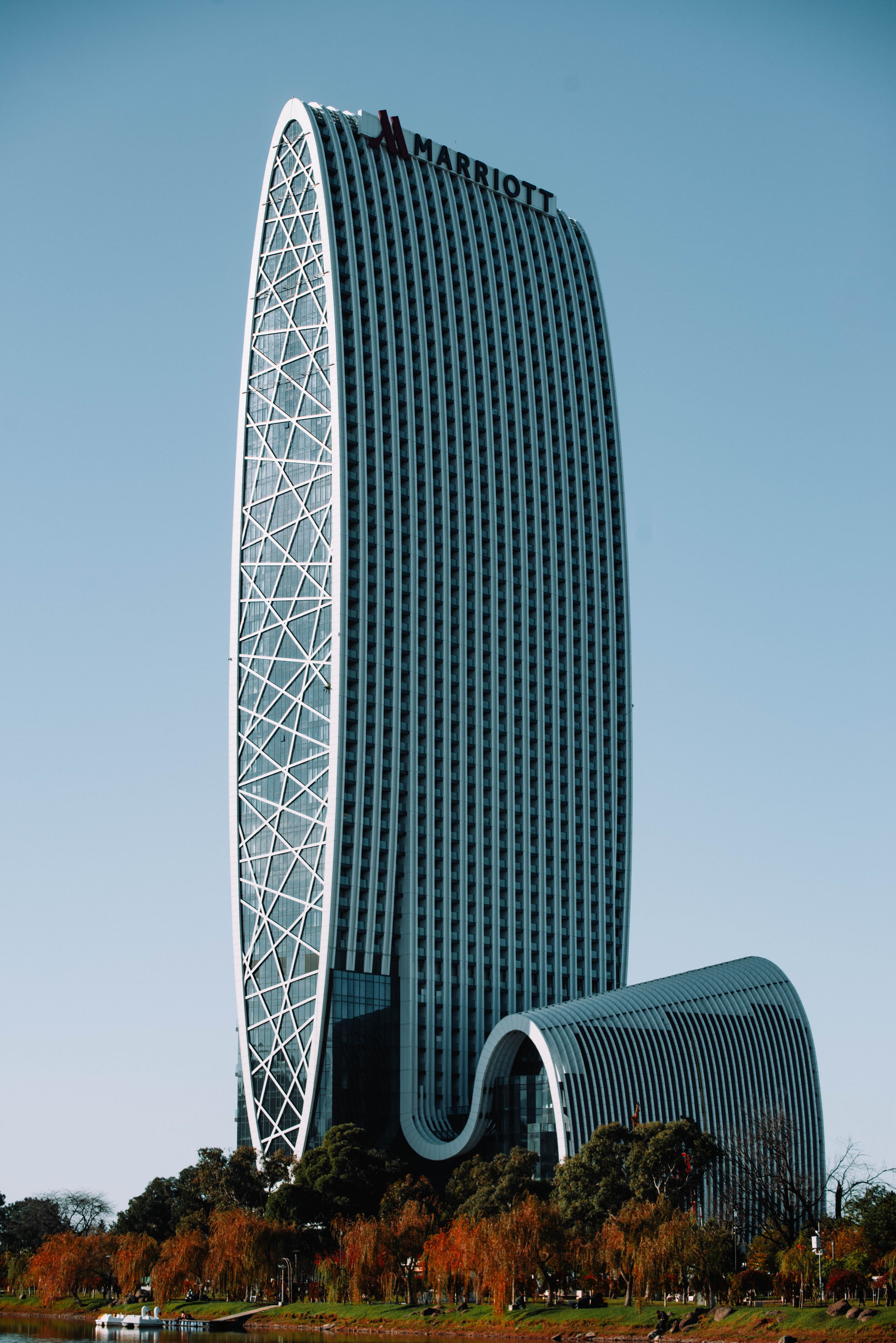 Stunning view of the futuristic Marriott Hotel in Batumi, highlighting its unique curved and lattice structure