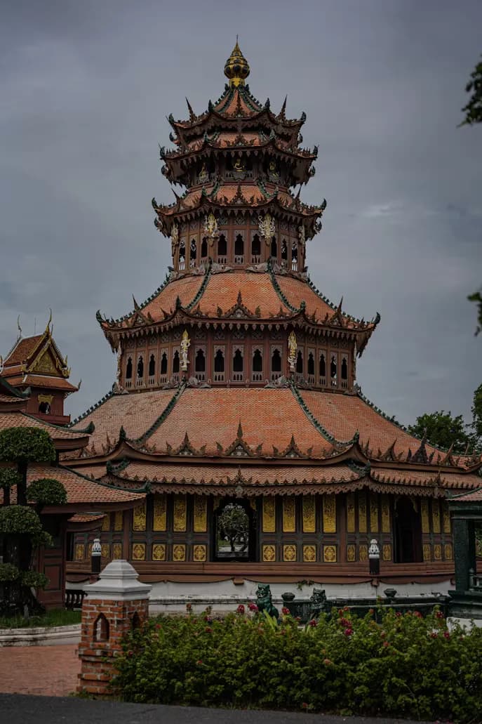 Traditional East Asian pagoda architecture with ornate detailing and tiered roofing